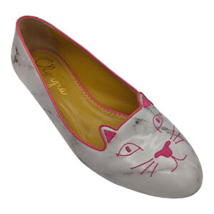 Charlotte Olympia Marble Kitty Flat Limited Edition Gray Hot Pink Leather 39.5
